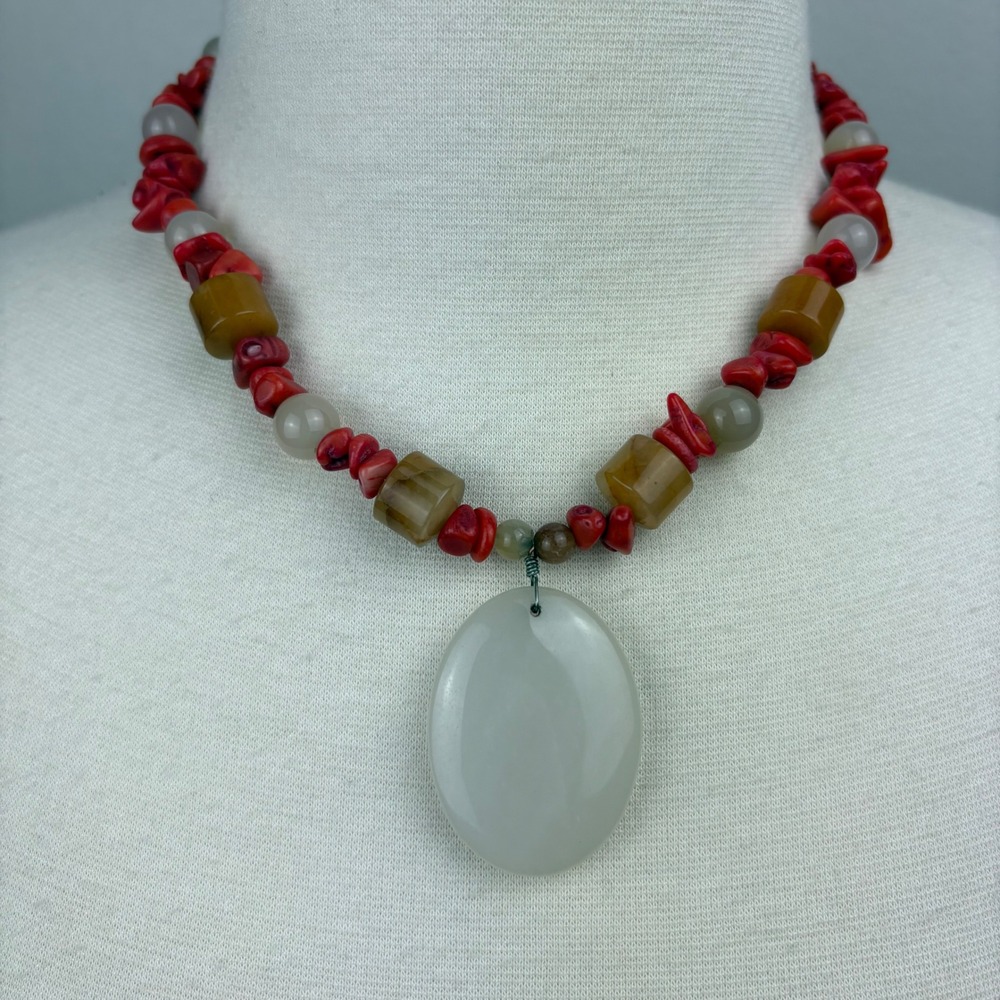 Coral and Stone Beaded Pendant Necklace Artisan Boho Eclectic Handcraft Jewelry